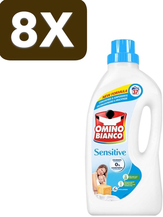 8 x Omino Bianco - Gevoelig - Wasmiddel - Witte & Gekleurde Was - 37 Wasbeurten