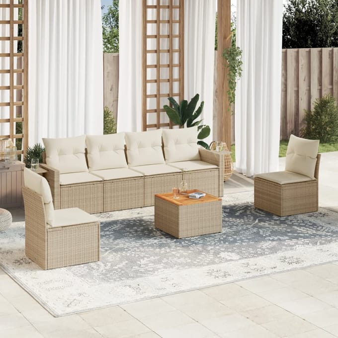 vidaXL - 7-delige - Loungeset - met - kussens - poly - rattan - beige