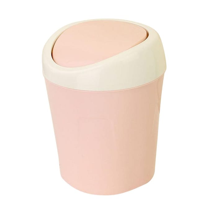 Plastic Mini Desktop Afval Prullenbak met Deksel Draagbare Tafel Opbergcontainer(Roze) Pink white