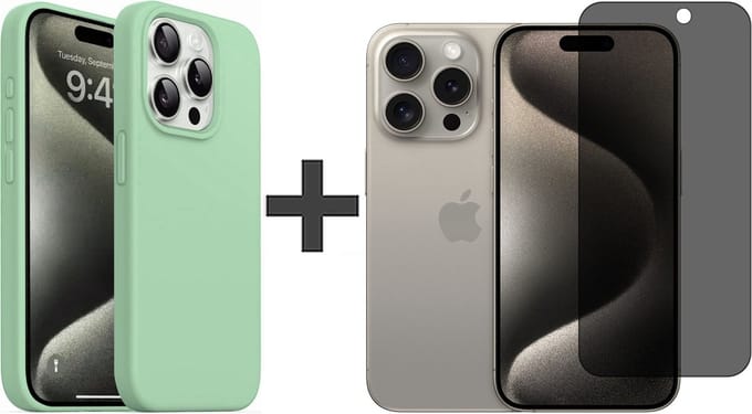 BixB Hoesje met Privacy Screenprotector Geschikt voor iPhone 15 Pro Hoesje Siliconen - liquid Backcover - Mint Groen