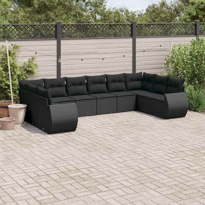 vidaXL - 10-delige - Loungeset - met - kussens - poly - rattan - zwart
