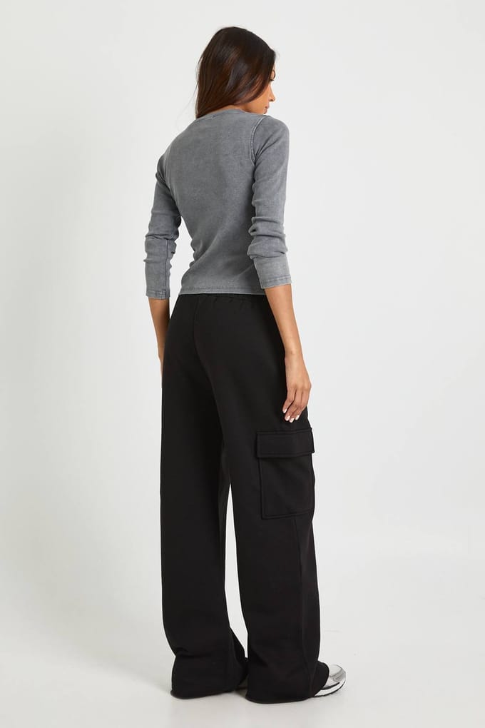 boohoo Dames Lange cargo joggers met wijde pijpen | Zwart | Maat: Small