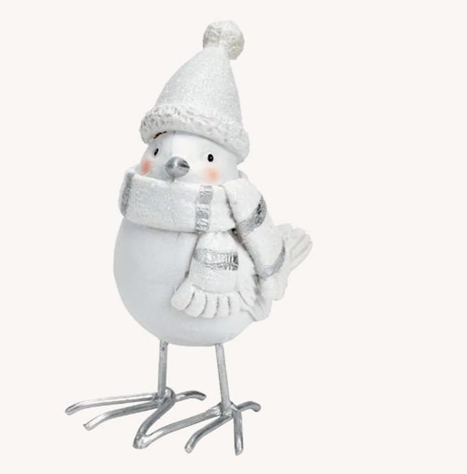 Beeldje wintervogel wit-zilver met muts en sjaal