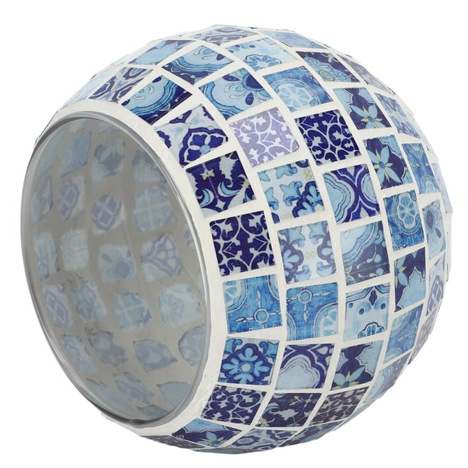Theelichthouder Blauw en Wit Glasmozaïek Bloempatronen Warm Romantisch Handgemaakt gray