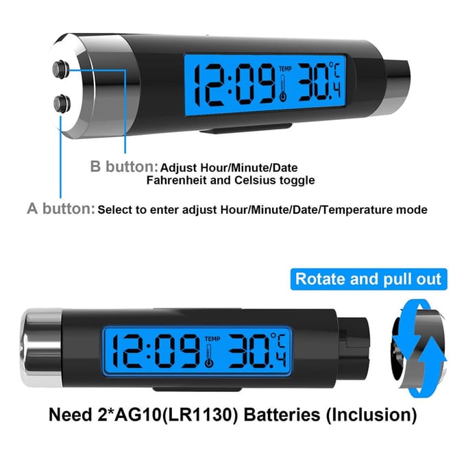 Digitale Auto Klok met Thermometer - Mini LCD Display voor Luchtuitlaat - Auto Dashboard Tijd Temperatuurmeter met Achtergrondverlichting
