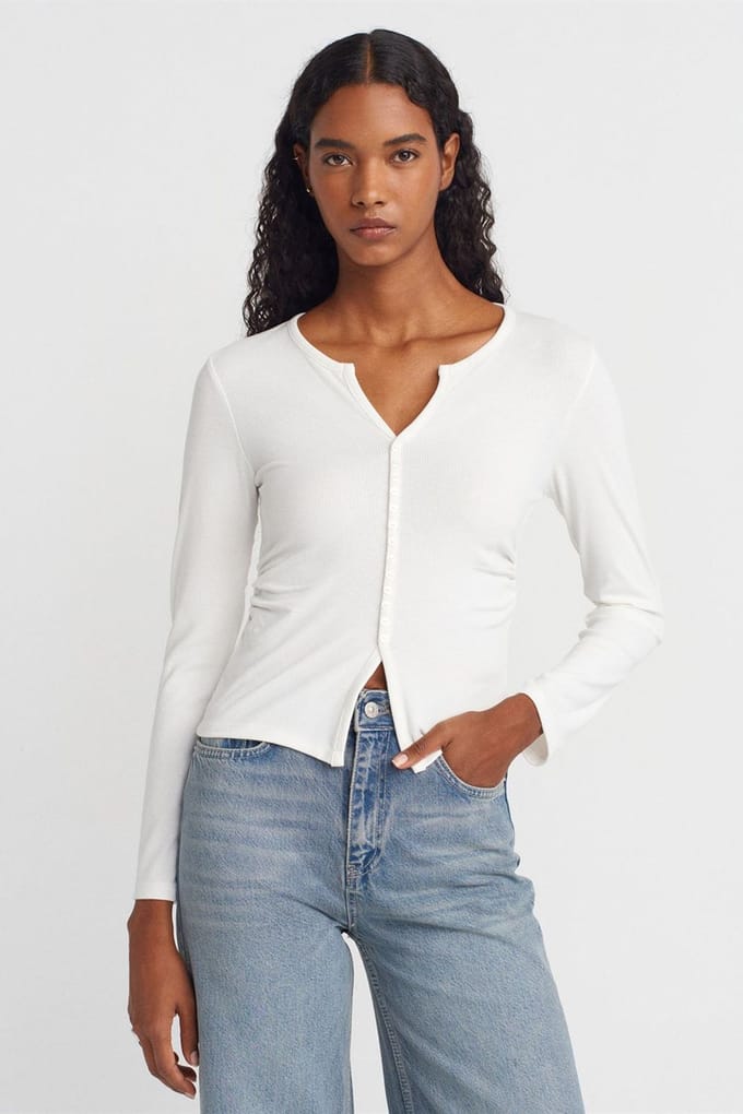 Slim Fit Geribbelde Knopenblouse