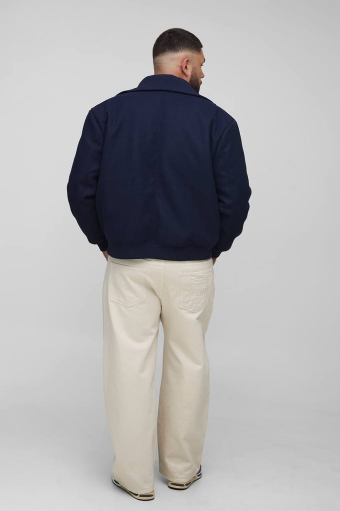 Plus Gebreide kraag ritssluiting wollen-look bomberjack | Navy | Size 2XL