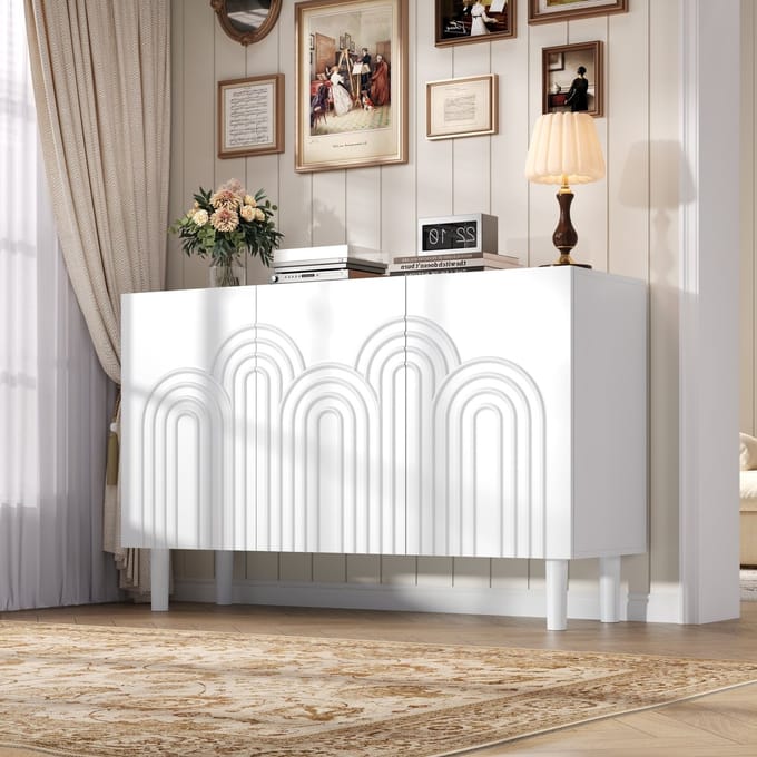 Dressoir - 120x38,5x79 cm - Kast met 3 Deuren - Verstelbare Planken en Ruim - MDF - Wit