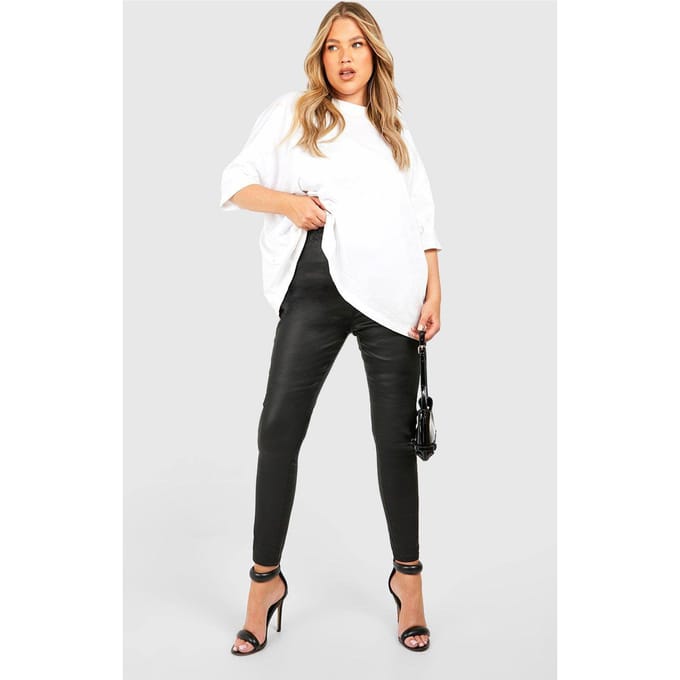 boohoo Dames Plus Pu Gecoate Skinny Jeans | Black | Maat: 22