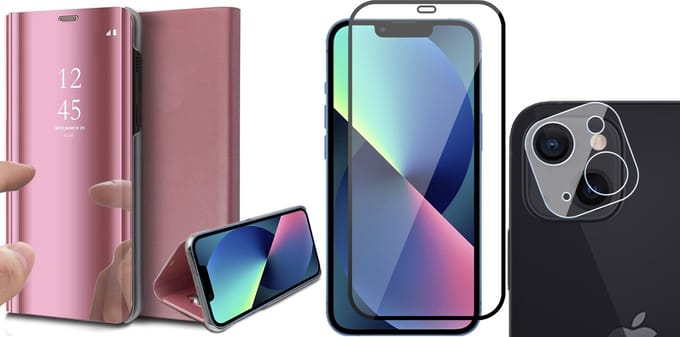 Hoesje geschikt voor iPhone 13 Mini - Spiegel Book Case - Roze - Met Full Screenprotector en Camera Screen Protector