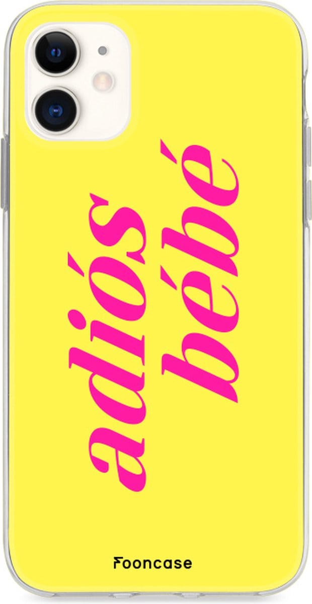 Fooncase Hoesje Geschikt voor iPhone 12 Mini - Shockproof Case - Back Cover / Soft Case - Adios Bebe / Geel & Roze