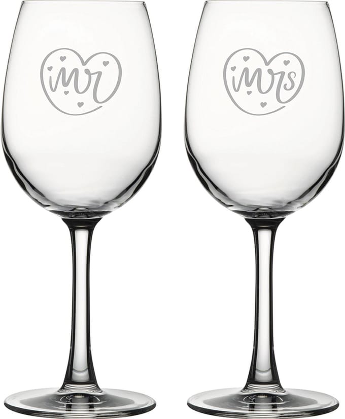 Gegraveerde set witte wijnglazen 36cl Mr. In hartje - Mrs. In hartje