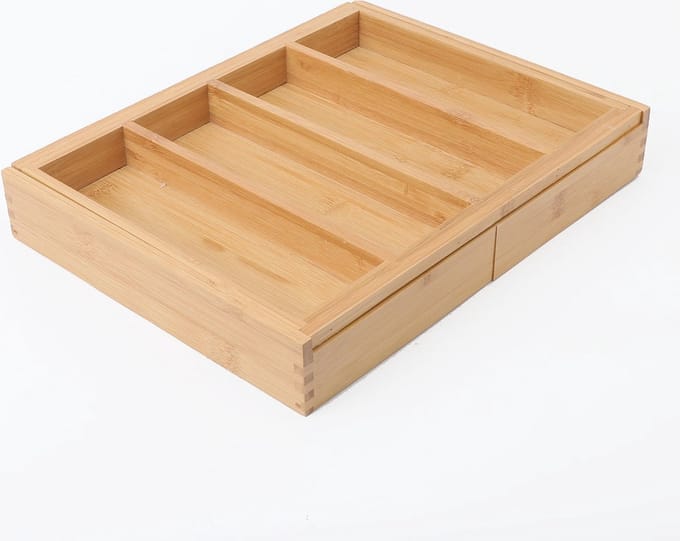 Uitschuifbare bestekbak 4 Vaks -> Uitschuifbaar naar 6 Vaks - Keukenla Bestek organizer bamboe hout - 55 x 33 x 5 Cm.