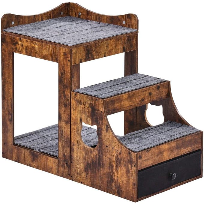 Lit superposé pour animaux de compagnie avec escalier Perchoir pour chien/chat avec fenêtre et rangement Intérieur Marron