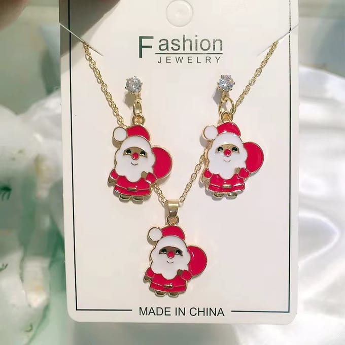 Kerstman sieraden set ketting + oorbellen | rood goud gekleurd