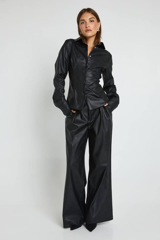 boohoo Dames Kunstleren Palazzo Broek | Black | Maat: 10