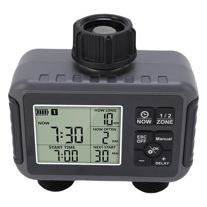Automatische Besproeiingstimer LCD-scherm 3/4-1/2 Inch Kraan 2-Zones Bewateringstimer voor Buitentuin gray