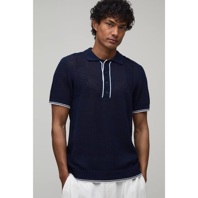 Regular Fit Contrast Open Stitch Knitted Polo T-Shirt | Navy | Size 2XL