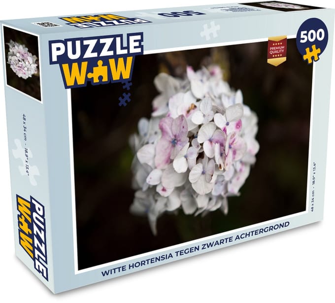 Puzzel Witte hortensia tegen zwarte achtergrond - Legpuzzel - Puzzel 500 stukjes