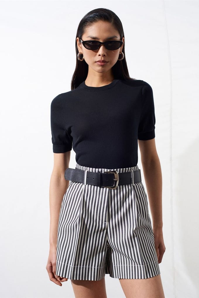 Geribbelde Korte Mouwen Blouse met Ronde Hals