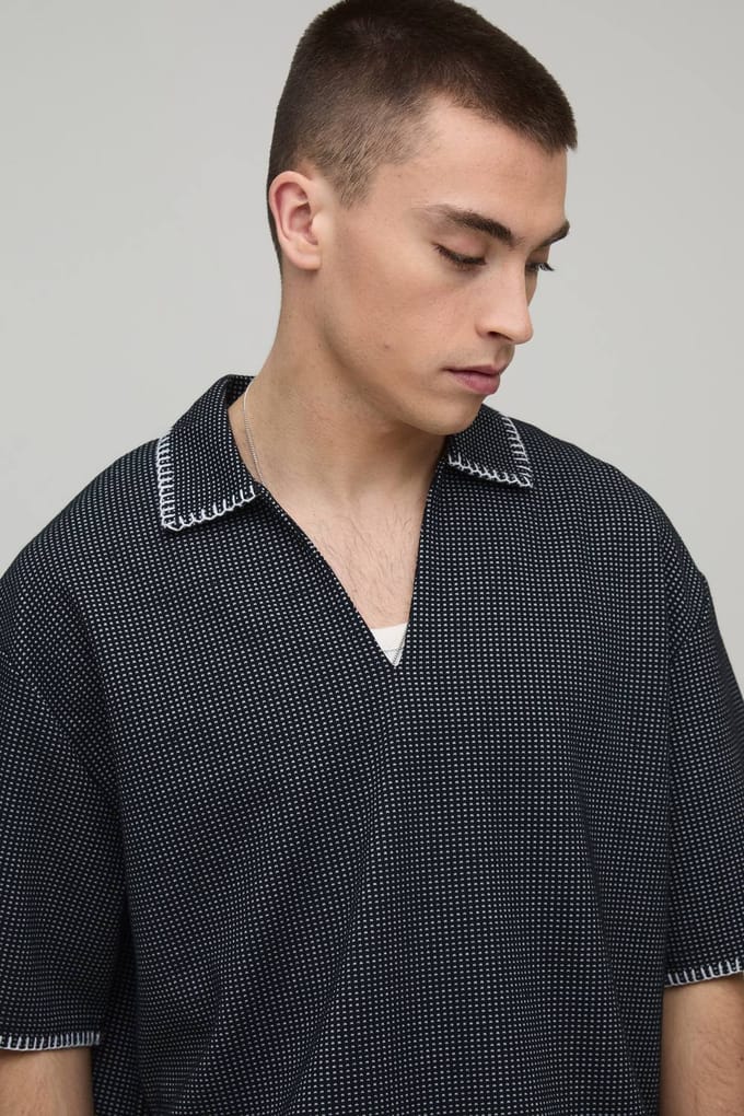 Waffle Contrast Stitch Oversized V-Neck Shirt & Baggy Short Set | Black | Size Medium