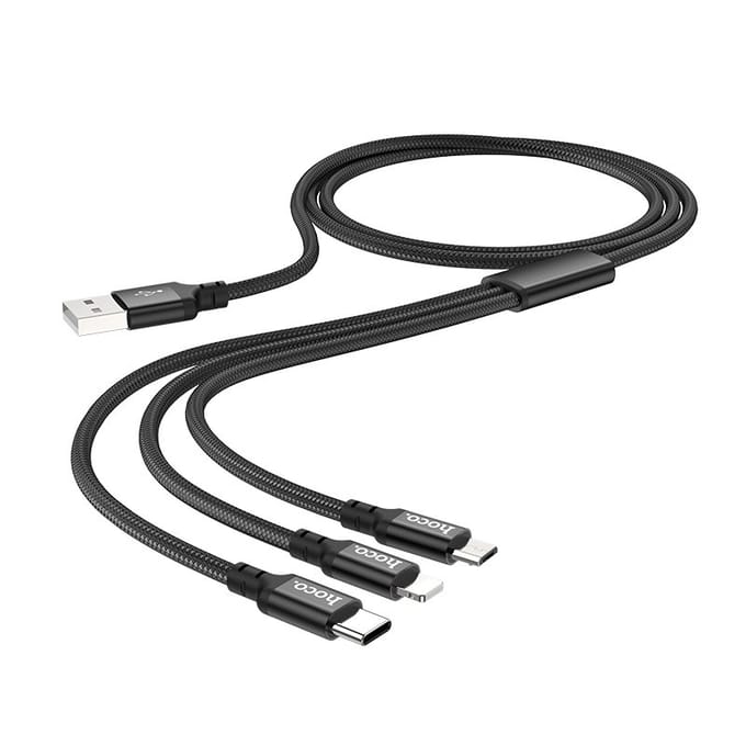 Hoco X14 - 3 in 1 Oplader Micro USB, Lightning en USB C - 2.4A Snellader - Zwart