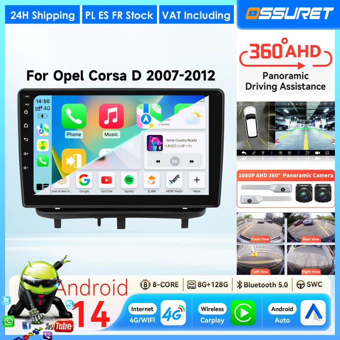 Android 14 Carplay voor OPEL CORSA D 2007 - 2012 autoradio multimediasysteem videospeler 7862 intelligente systemen 2DIN 360 camera
