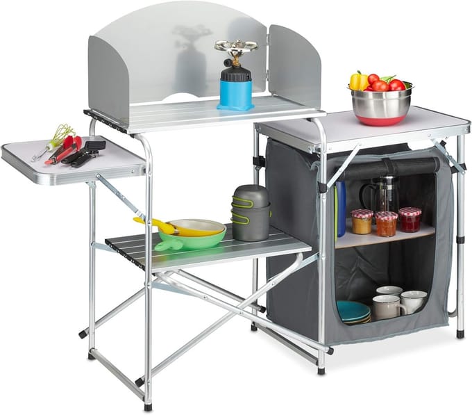 Inklapbare campingkeuken met windscherm en opbergruimte - ideaal voor buiten cooking