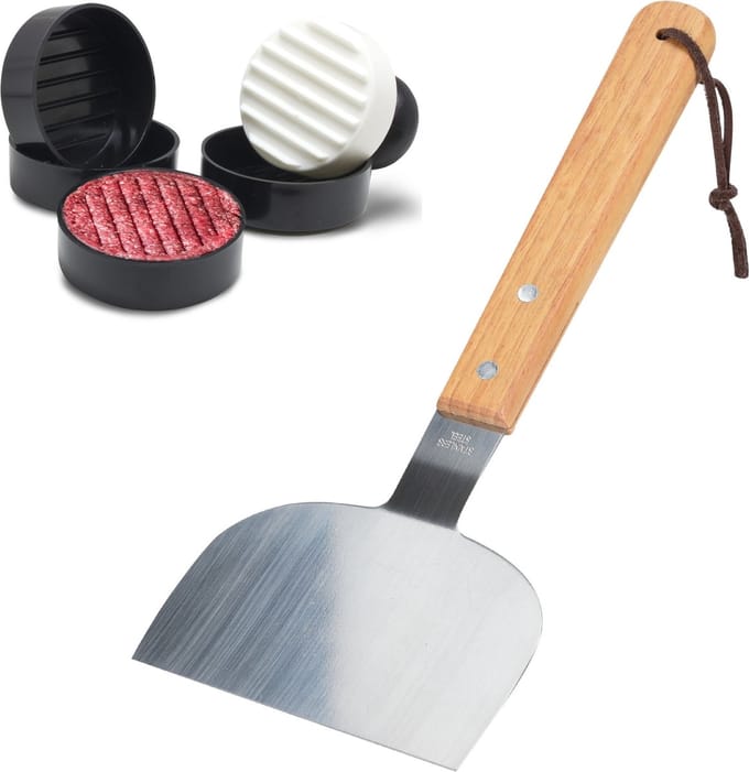 RVS BBQ/barbecue spatel met hamburgerpersers 4-delig - Vleesperser - Gehaktperser - Vlees spatel