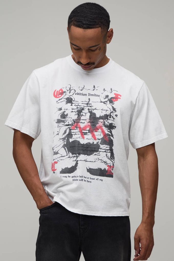 Oversized Boxy Grunge Print Dirty Washed T-shirt | White | Size Large