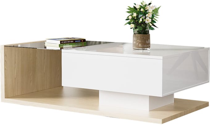 Salontafel - Modern - LED en Glasplaat - Hoogglans en Houtlook Design - Glas en MDF - Wit en Naturel