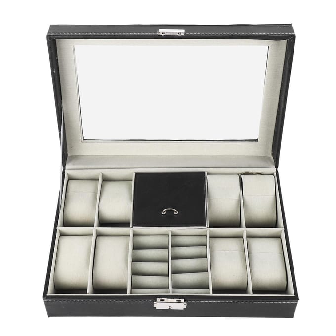 Horloge Sieradendoos 8 Sleuven Horlogedoos Etui 2 Compartimenten Ring Afsluitbaar PU Leer Horloge Opbergdoos gray