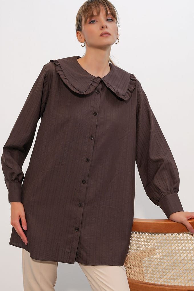 Langsleeve Textured Shirt Met Baby Kraag