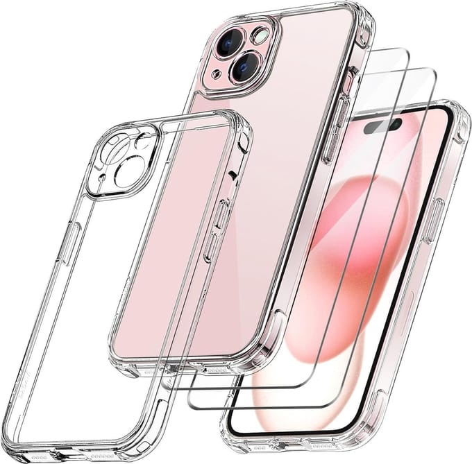 Hoesje Geschikt voor iPhone 15 Plus transparant Anti Shock silicone met glazen Screenprotector 2 pack