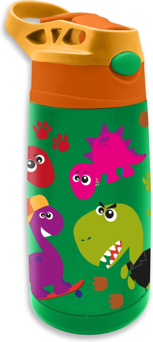 Crazy Dino drinkfles/drinkbeker/bidon met drinktuitje - groen - RVS - 400 ml