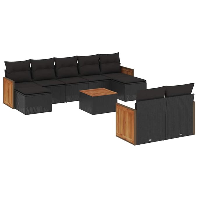 vidaXL - 10-delige - Loungeset - met - kussens - poly - rattan - zwart