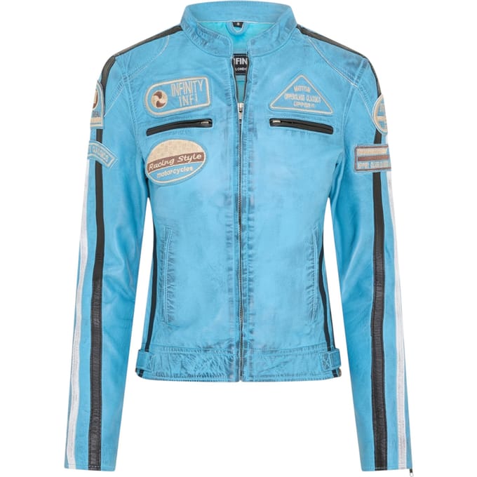 Dames Biker Racing Badges Blauw Leren Jasje-Eastleigh