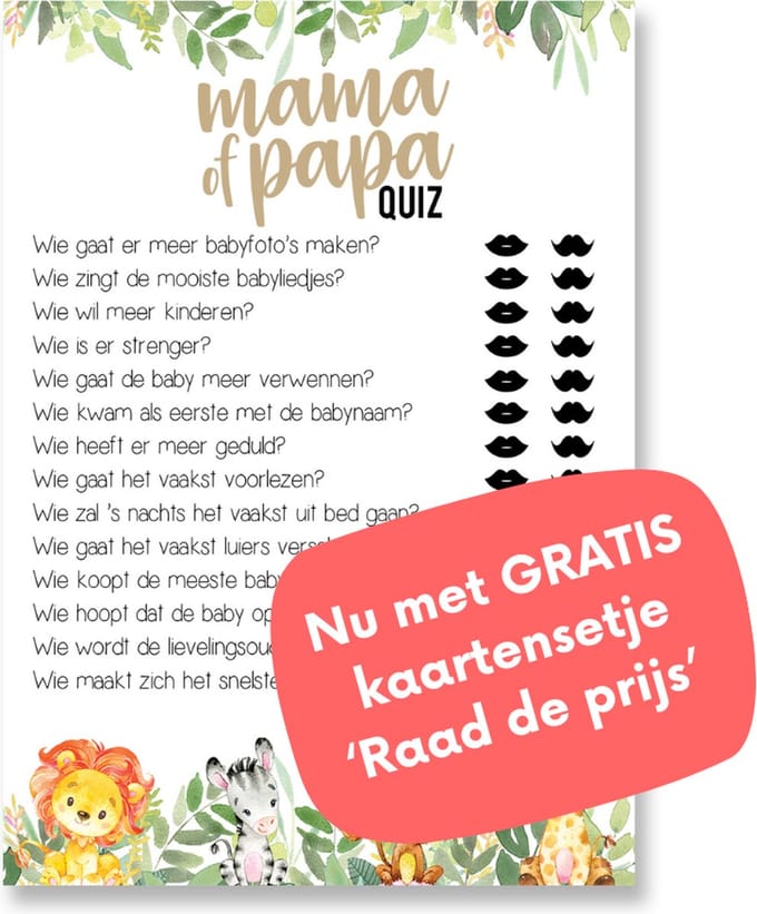 Babyshower spelletjes – Mama of papa quiz - GRATIS Raad-de-prijs invulkaarten - 20 stuks A6 formaat - Babyshower