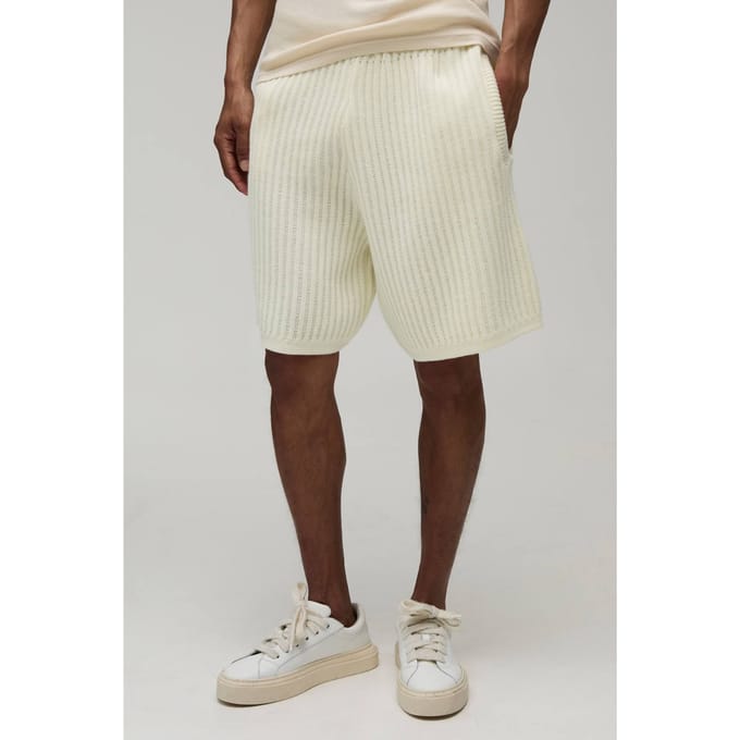 Ontspannen Geribbelde Gebreide Short | Ecru | Size Small