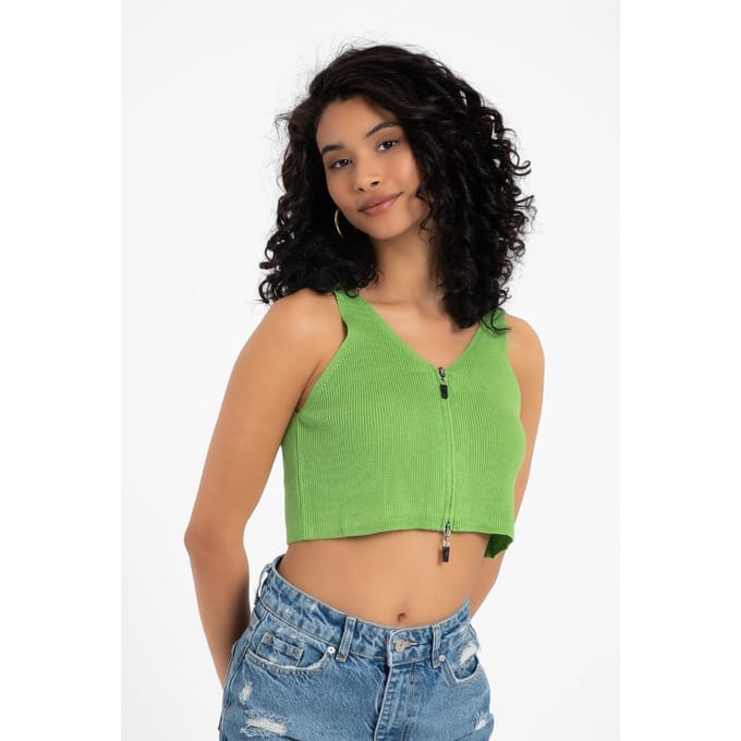 V-hals Gebreide Ribbels Met Rits Croptop