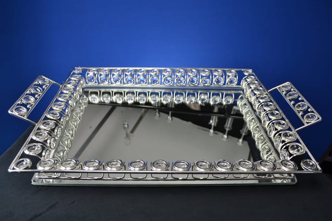 Luxe Spiegel Dienblad met Kristallen Rand – Decoratieve Tray met Handgrepen | Model 049