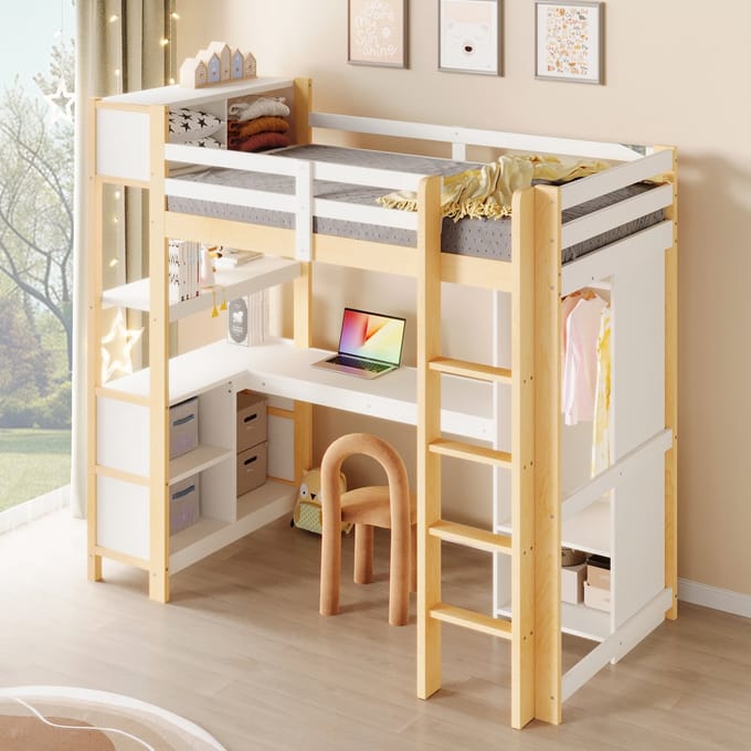 MODFU Hoogslaper 90x200 cm – Met bureau & opbergruimte – Open planken, kast & laden – Grenenhout – Wit