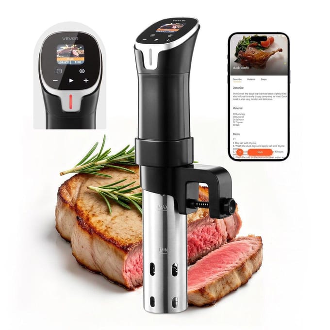 Sous Vide Precisiekooktoestel, 1100W Sous-Vide Kookmachine, WIFI Onderdompelcirculator met 10 Vooringestelde Recepten, LCD Touchscreen, Snel Verwarmend, Nauwkeurig