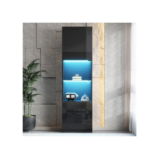 Vitrine - MUVOE - Noir Brillant - 1 étagère en verre - Éclairage LED - 160 cm zwart