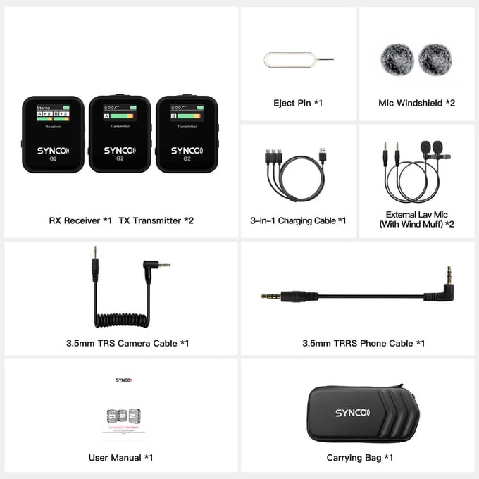 SYNCO G2(A2) 1-Trigger-2 2.4G Draadloos Microfoonsysteem met 1 Ontvanger + 2 Zenders + 2 zwart
