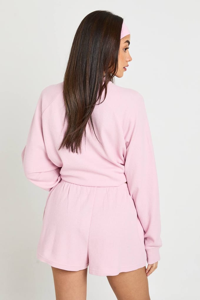 boohoo Dames Wafel Henley Shorts | Light Pink | Maat: 16