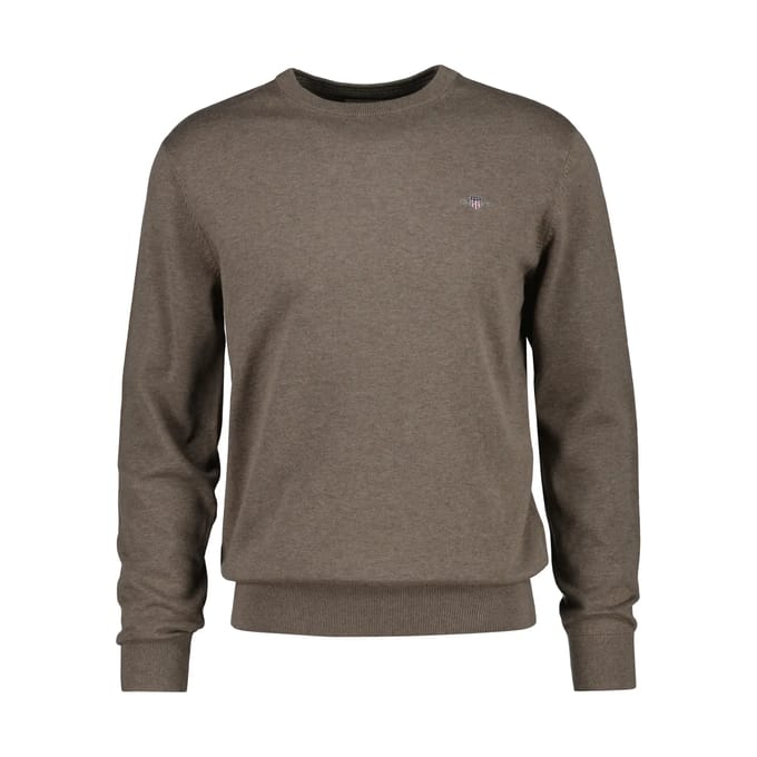 Gant Trui Cotton Plain Jersey Knit Sweater Small Archive Shield Logo Dark Hazelnut Melange / male