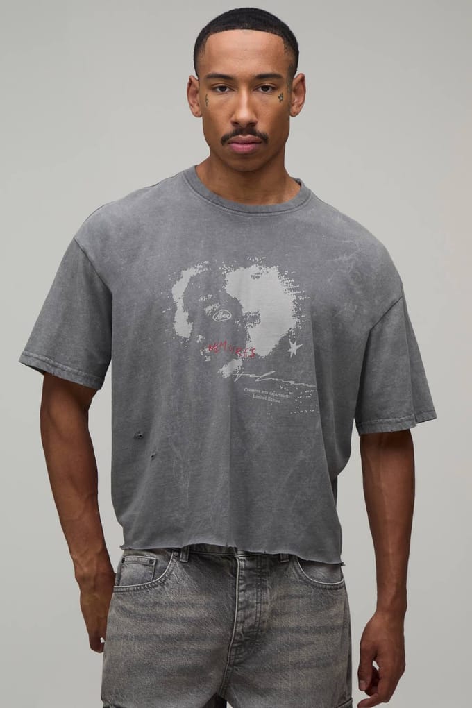 Oversized Gekrompen Distressed Grunge Print Vintage Gewassen T-shirt | Washed Charcoal | Size Medium