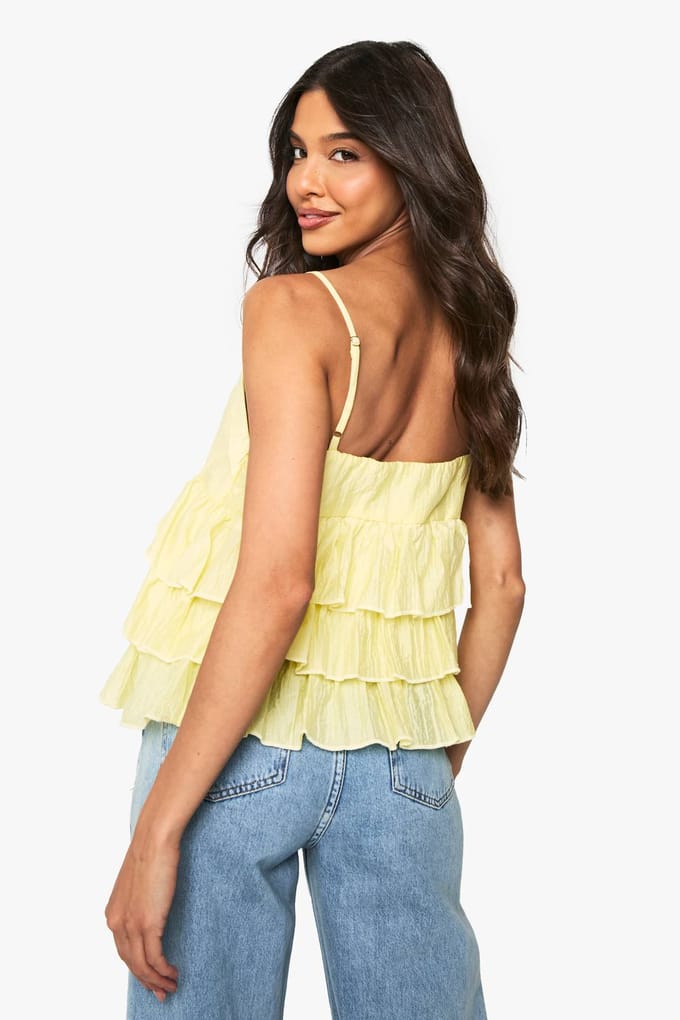 boohoo Dames Crinkle Ruffle Laagdelige Cami | Lemon | Maat: 10