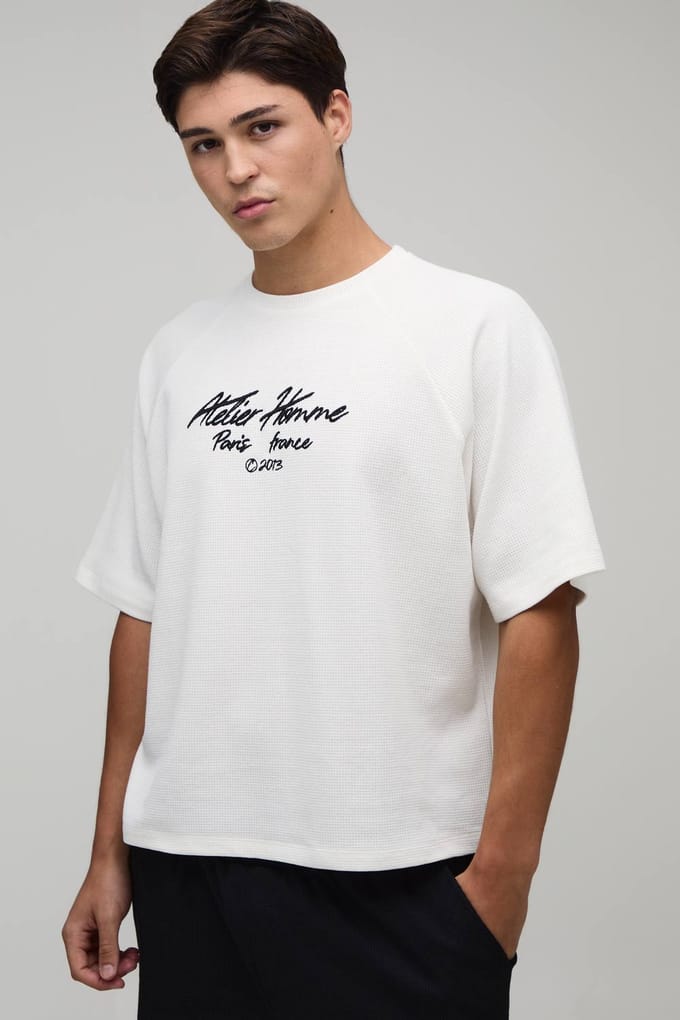 Oversized Embroidered Waffle Raglan T-Shirt | Ecru | Size Medium